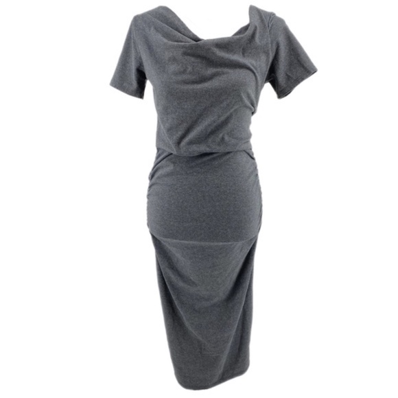 Michael Stars Dark Grey Ruched Cowl Neck Midi Dress Small | Sleek Minimalist - Picture 1 of 4